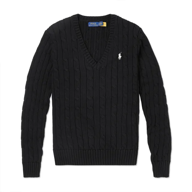【RALPH LAUREN】RL POLO 經典V領刺繡小馬麻花針織毛衣 上衣-女-黑色(平輸品/保暖舒適/百搭爆款)