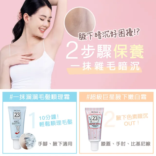【St.Clare 聖克萊爾】一抹溜溜毛髮順理霜60ml+超級巨星腋下嫩白霜30ml(嫩白淨味升級款)