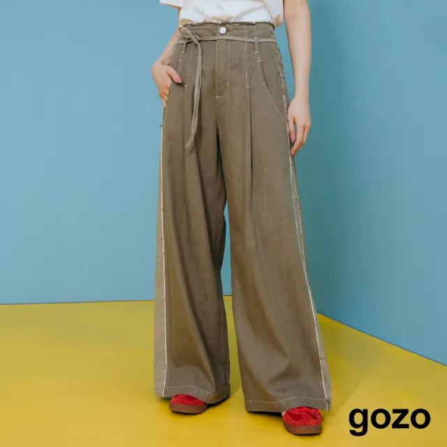 【gozo】率性側拼接綁帶高腰牛仔寬褲(灰色/深咖)