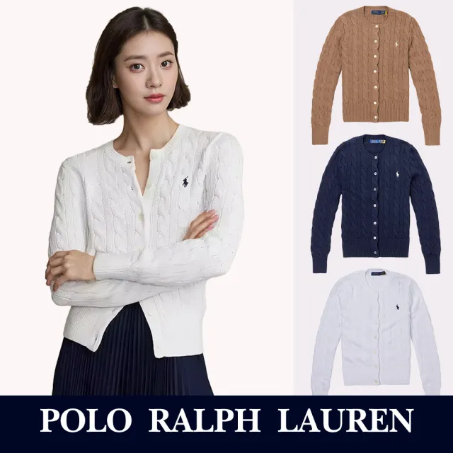 【RALPH LAUREN】RL POLO 經典圓領刺繡小馬麻花開襟外套-女-多色選(保暖舒適/平輸品)