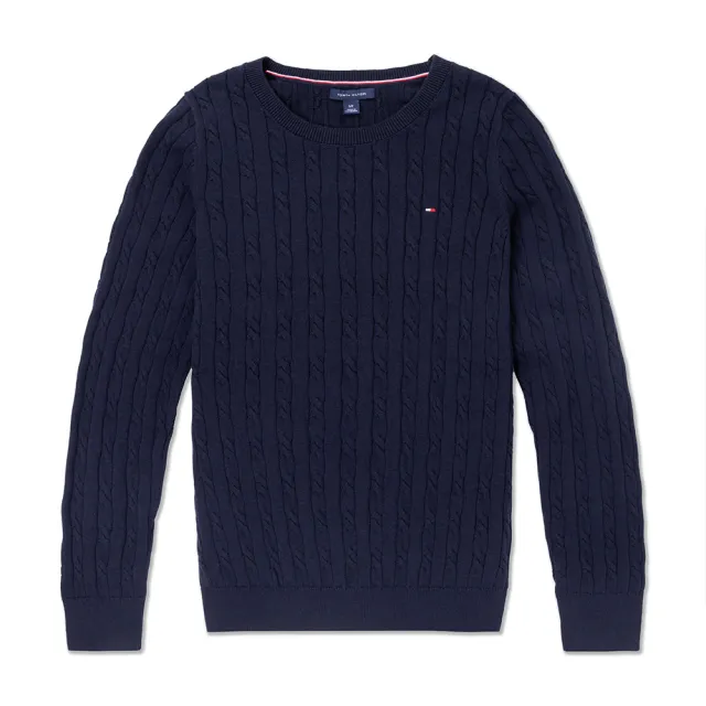 【TOMMY HILFIGER】TOMMY 經典圓領刺繡Logo麻花針織毛衣 上衣-女-深藍色(平輸品)