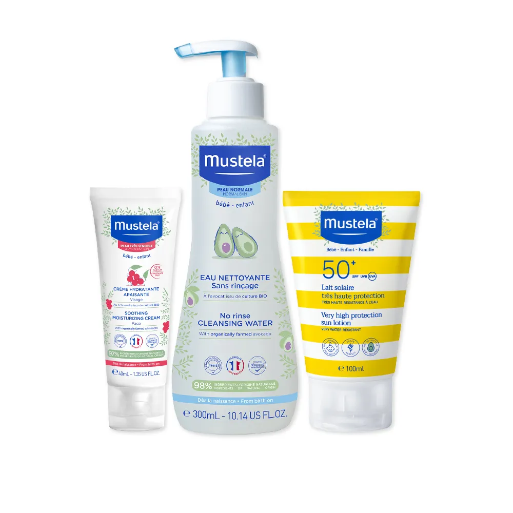 【Mustela 慕之恬廊】臉部防曬保濕組(兒童防曬乳100ml+免用水潔淨液300ml+敏弱修復面霜40ml 寶寶防曬 防水)