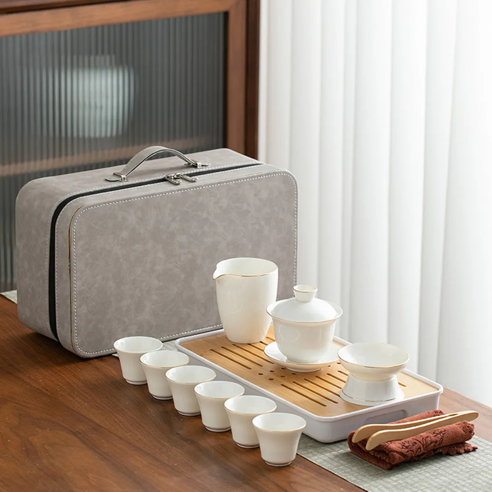 【LIFE SHOP】羊脂白玉瓷旅行茶具套組/附收納盒(茶具 旅行泡茶 泡茶茶杯 交換禮物 茶器套裝組)