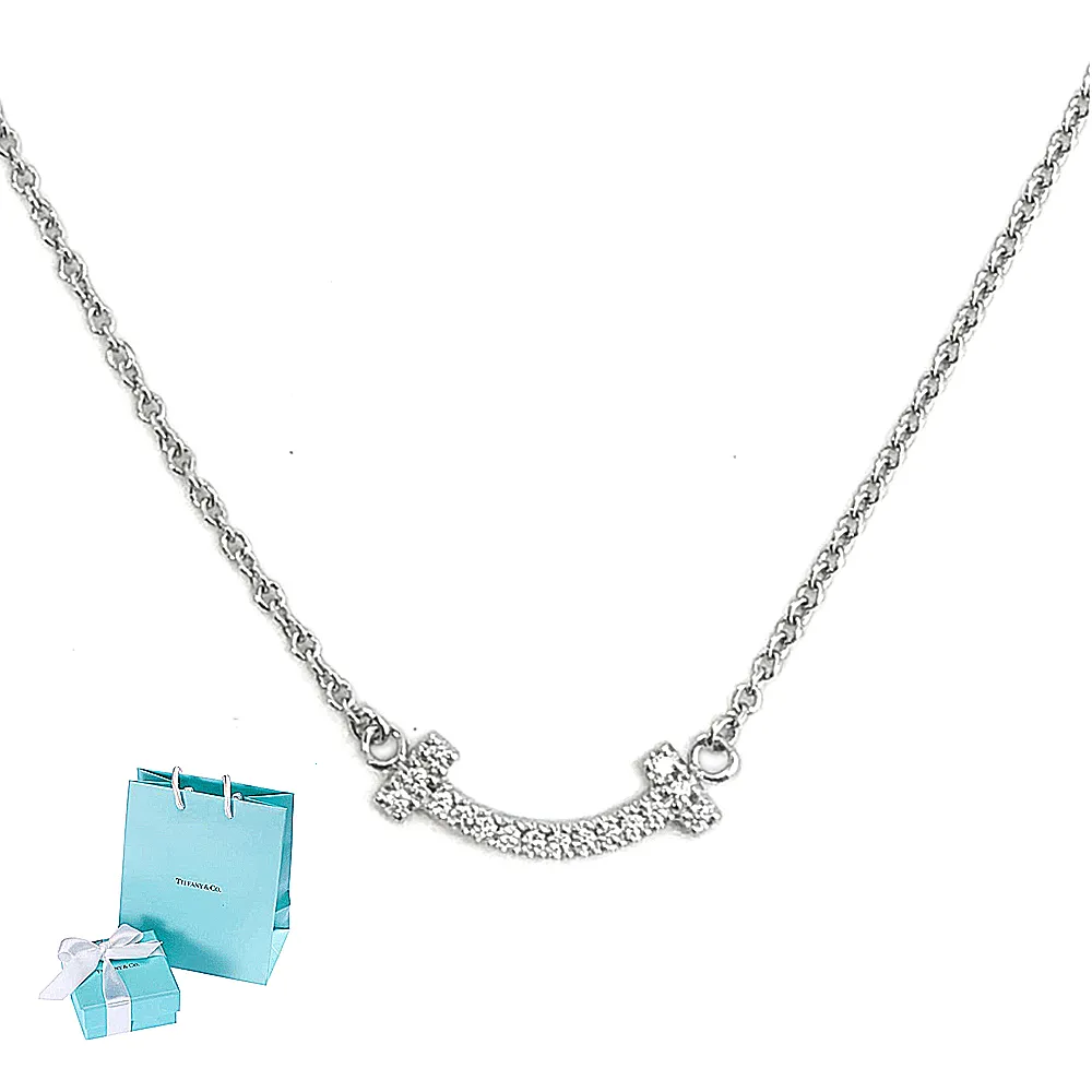 【Tiffany&Co. 蒂芙尼】18K白金-鑲16顆迷你鑽石 T Smile微笑墜飾項鍊(展示品)