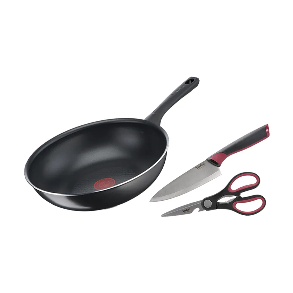 【Tefal 特福】MOMO獨家 法國製好食系列不沾鍋3件組(28CM炒鍋+主廚刀15CM+剪刀)