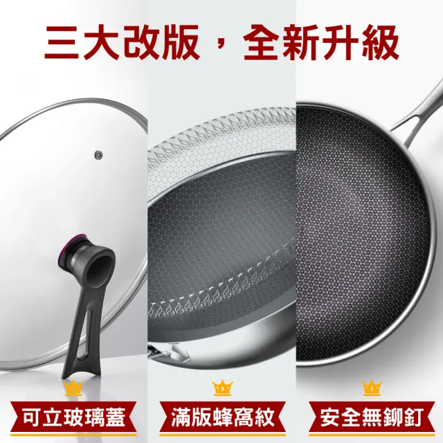 【鼎匠】升級鈦黑立體滿版蜂巢★七層複合金304不鏽鋼不沾炒鍋32cm(可立玻璃蓋不挑爐具煎鍋)