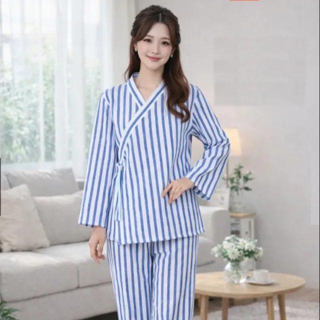老人睡衣☆住院看護服 居家照護服 和服睡袍 附綁帶好穿脫 藍/粉條套裝