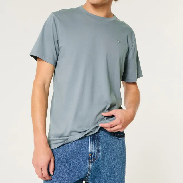 【HOLLISTER Co】HCO 海鷗 經典圓領小海鷗素面短袖T恤 上衣-灰藍色(平輸品/素T/短T/可男女穿搭)