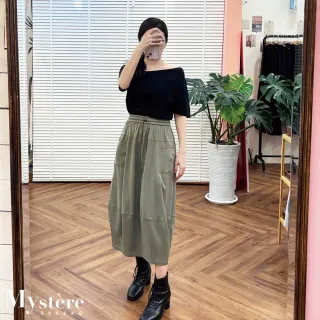【my stere 我的時尚秘境】不對稱斜領彈性上衣 黑色 棉質上衣 彈性上衣 簡約上衣 斜肩上衣