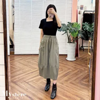 【my stere 我的時尚秘境】不對稱斜領彈性上衣 黑色 棉質上衣 彈性上衣 簡約上衣 斜肩上衣