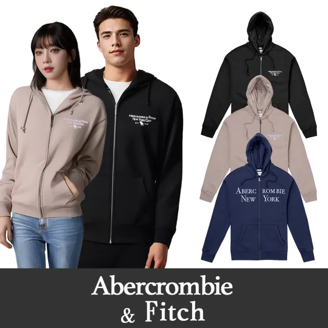 【Abercrombie & Fitch】A&F 麋鹿 AF 經典刺繡麋鹿素面內刷毛連帽外套-多色選(平輸品/可搭情侶款)