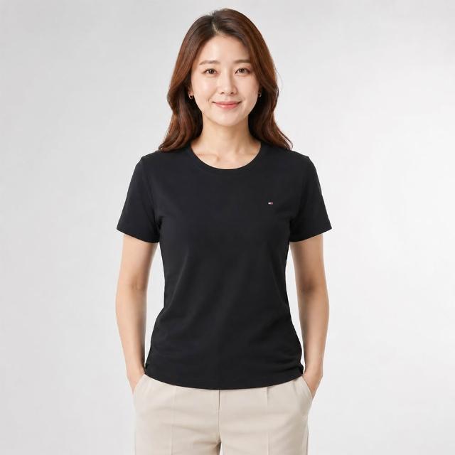 【TOMMY HILFIGER】TOMMY 刺繡Logo素面短袖T恤 上衣-女-黑色(平輸品/素T/短T)