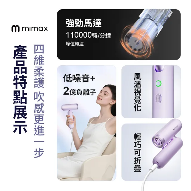 【mimax 米覓】高速摺疊吹風機 3色 吹風機 折疊吹風機 2億負離子 低噪音 輕巧(XD-S501CFJ01)