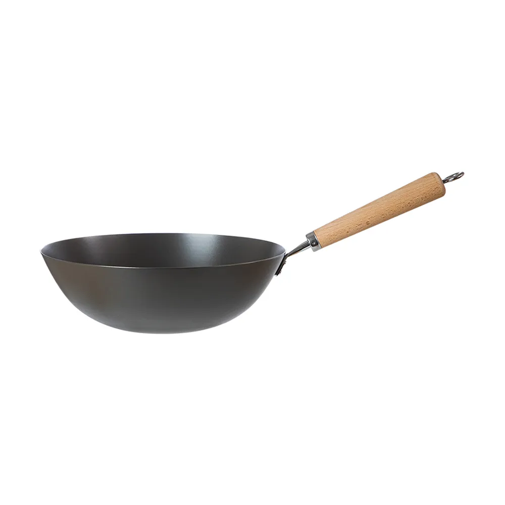 【SHIMOYAMA 霜山】不易生鏽無塗層木柄窒化鐵炒鍋-IH爐可用-32cm(中華炒鍋/窒化鍋/黑鐵鍋)
