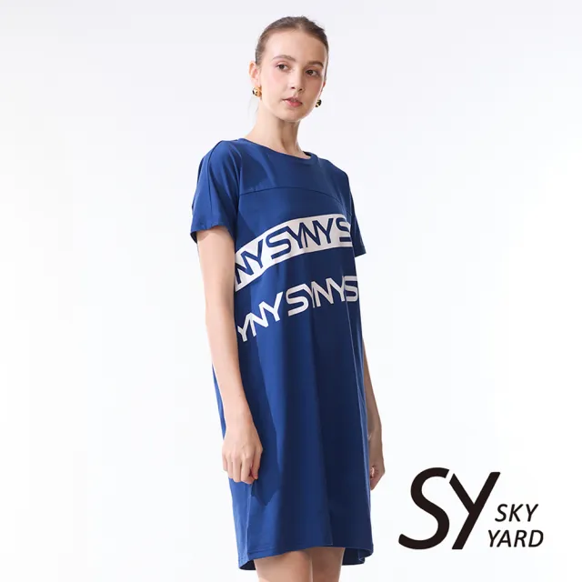 【SKY YARD】網路限定款-休閒落肩短袖印花洋裝-藍色