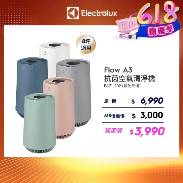【Electrolux 伊萊克斯】A3抗菌空氣清淨機 FA31-202WT 202BL 202GN 202PK 202GY(8坪適用/5色任選)