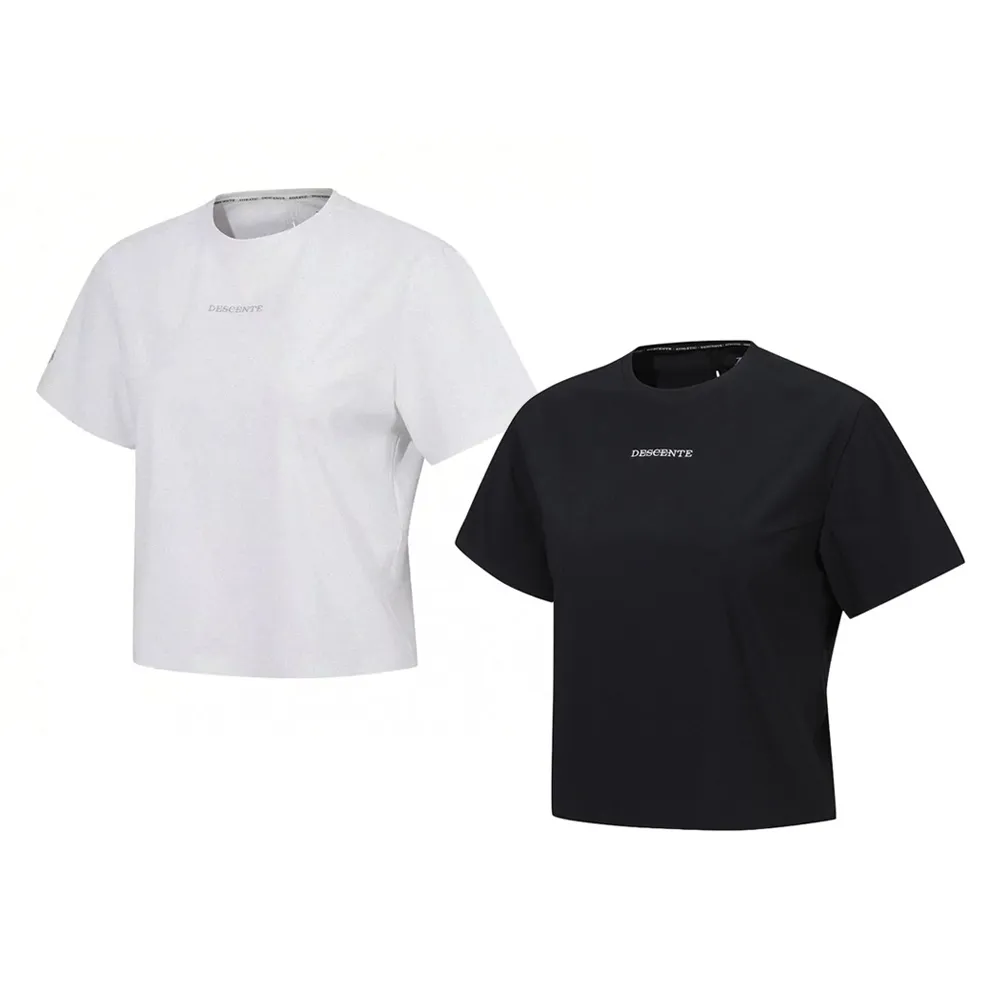 【DESCENTE】迪桑特 T-SHIRTS 短袖 女士 中短版運動上衣(黑色/白色)