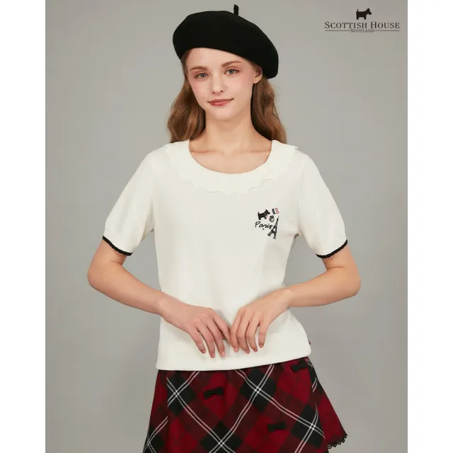【SCOTTISH HOUSE】刺繡花邊領片短袖線衫-天使白/淺灰色 CHUB1435
