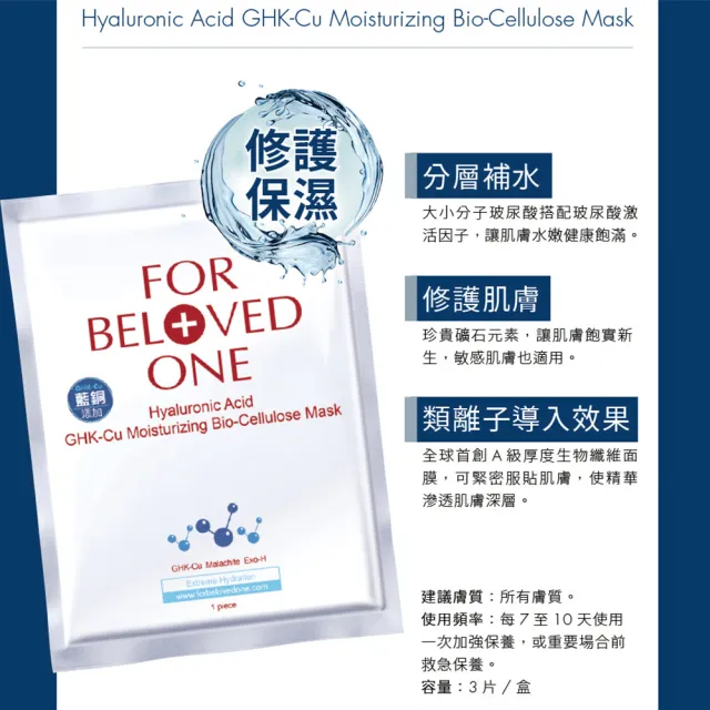【For Beloved One 寵愛之名】三分子玻尿酸藍銅保濕生物纖維面膜 3片/盒 共4盒(618年中慶5折)