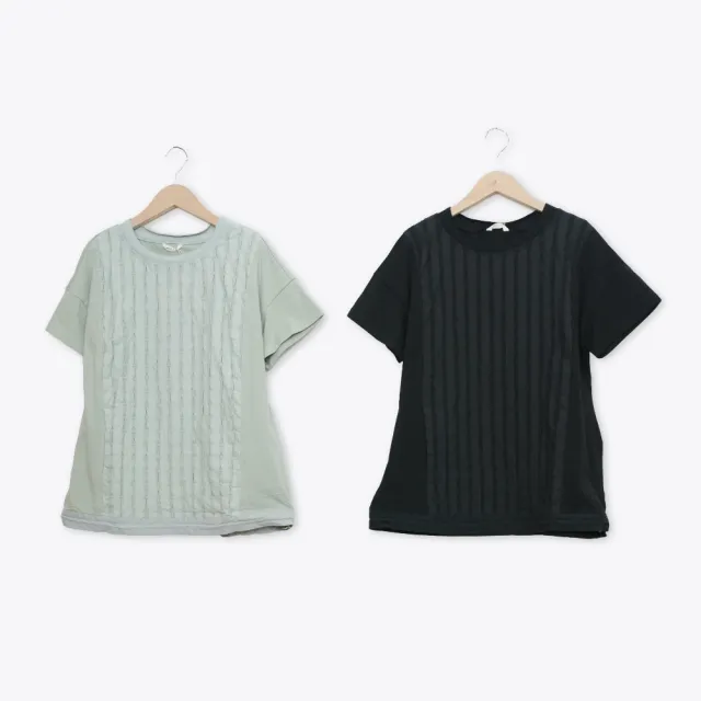 【MOSS CLUB】異材質皺皺布拼接短袖上衣 黑 灰