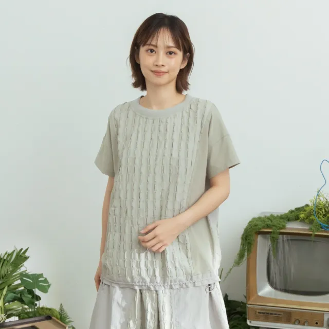 【MOSS CLUB】異材質皺皺布拼接短袖上衣 黑 灰