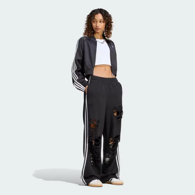 【adidas 愛迪達】運動長褲(KW8254 女款ORIGINALS寬鬆休閒復古棉質長褲 仿舊破壞細節 黑色)