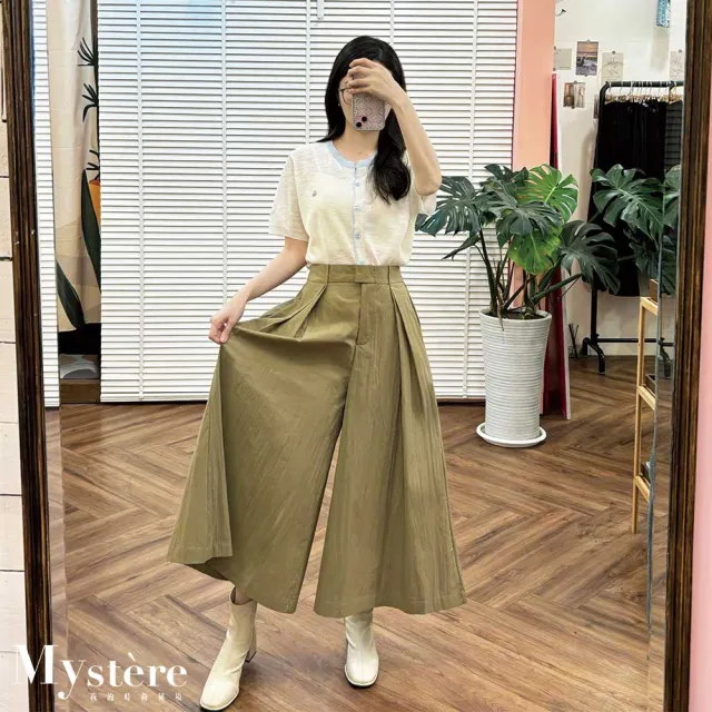 【my stere 我的時尚秘境】顯瘦打摺A字寬褲 卡其綠 傘襬寬褲 大寬褲 褲裙 鬆緊褲 A字裙