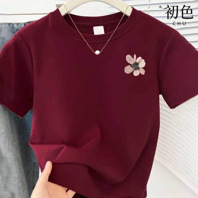 【初色】休閒寬鬆圓領短袖條紋塗鴉印花百搭T恤女上衣-11款任選-19346(M-2XL可選)