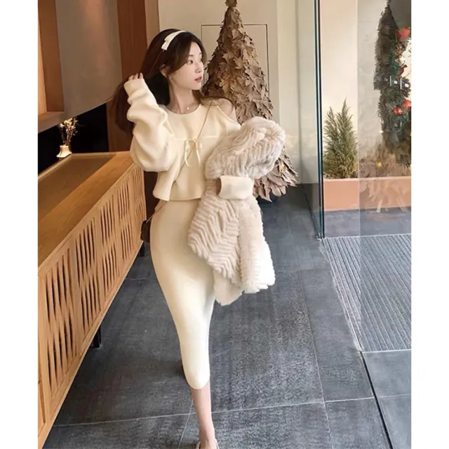 【TONYU 童嶼】女裝溫柔系兩件式針織套裝 短版針織上衣+修身針織長裙 顯瘦氣質套裝 露肩緞帶蝴蝶結