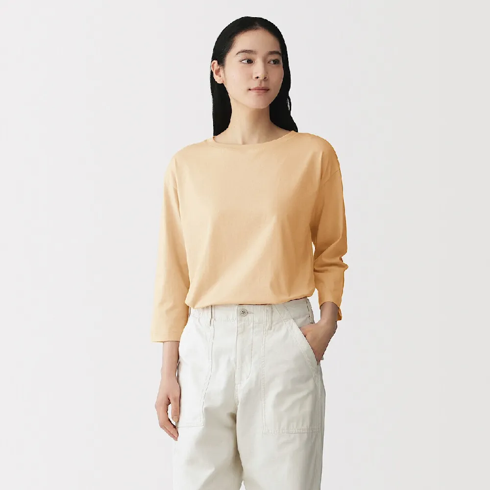 【MUJI 無印良品】女天竺船領七分袖T恤(白色/淺灰/深灰/黑色/煙燻粉/橘色/粉紫)