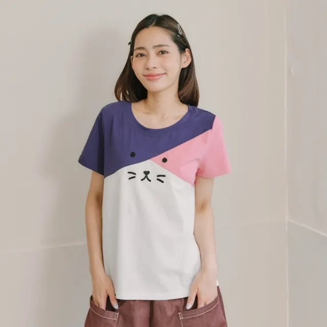 【Dailo】小花貓刺繡色塊拼接棉T 藍 黑 黃