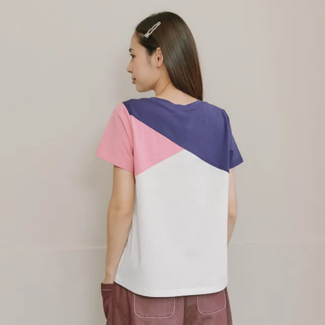 【Dailo】小花貓刺繡色塊拼接棉T 藍 黑 黃