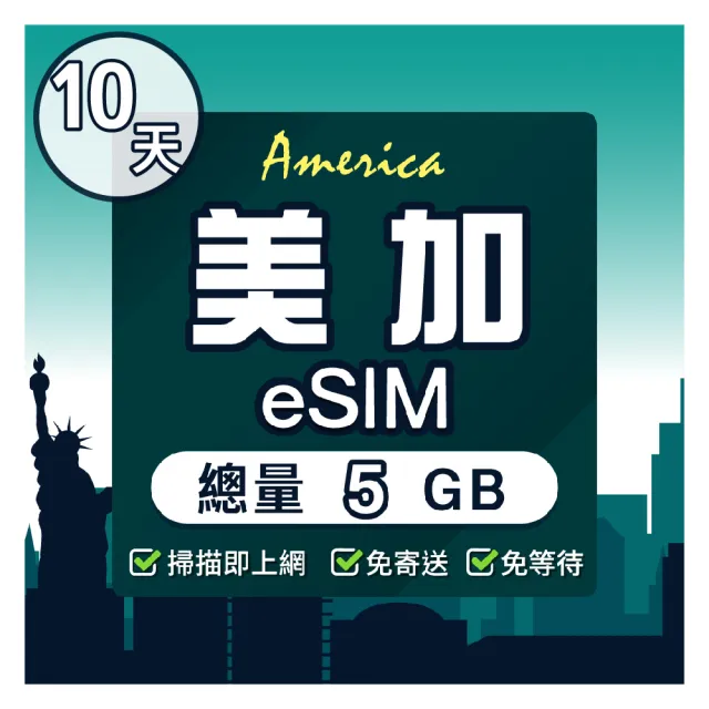 【環亞電訊】eSIM美國、加拿大10天（總量5GB）降速吃到飽(24H自動發貨五分鐘取件 免換卡 美國 加拿大 美加)