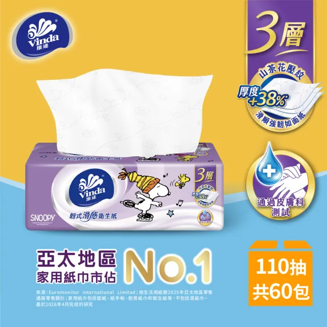 【Vinda 維達】Snoopy限定版韌式滑感3層抽取式衛生紙110抽x60包(12包*5串/箱)