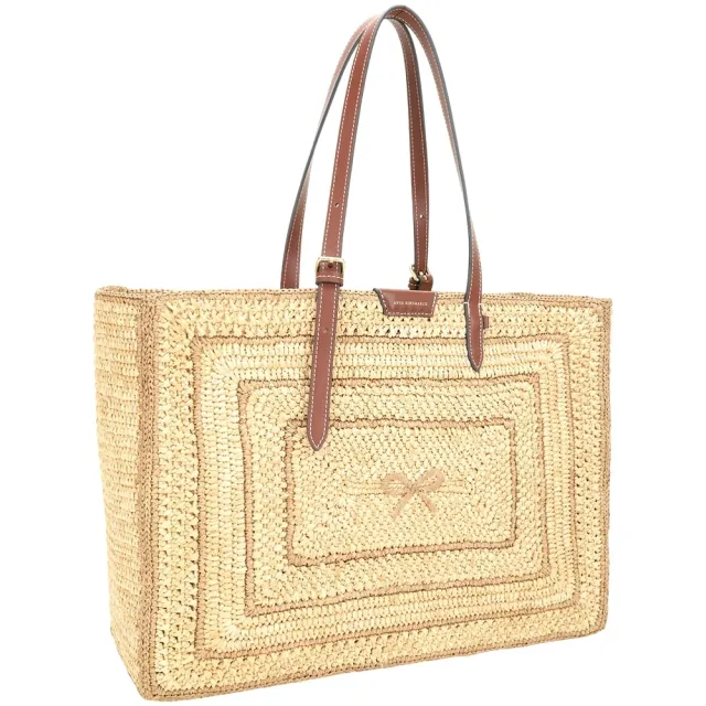 【ANYA HINDMARCH】Raffia E/W Bow 蝴蝶結拉菲草編手提 肩背橫向托特包-咖啡色