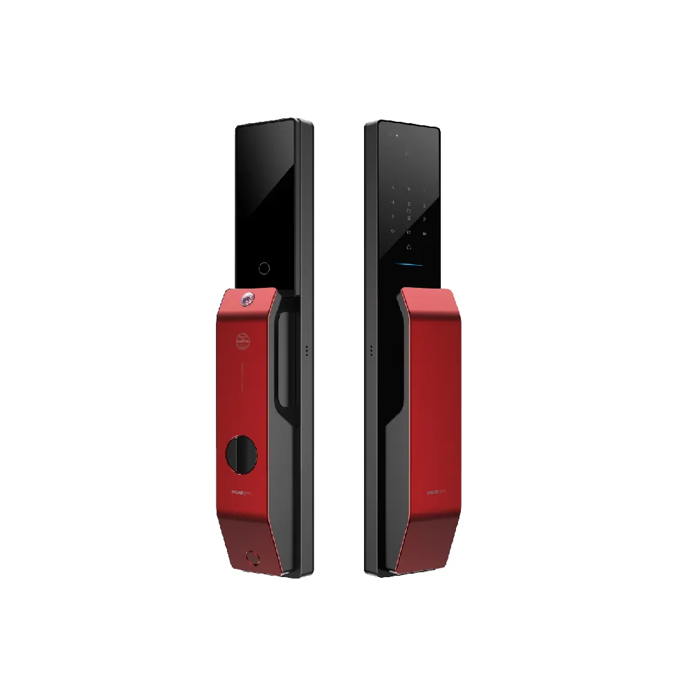 【德國摩根moorgen】T9+電子鎖人臉辨識 電子貓眼 指靜脈(十合一推拉式 美型電子鎖 法拉利紅 含基本安裝)