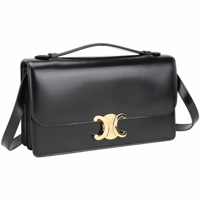 【CELINE】Triomphe 中型 壓紋亮澤牛皮凱旋門金釦牛皮手提 肩斜背包(黑色)