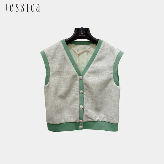 【JESSICA】
氣質V領滾邊編織小香風無袖背心