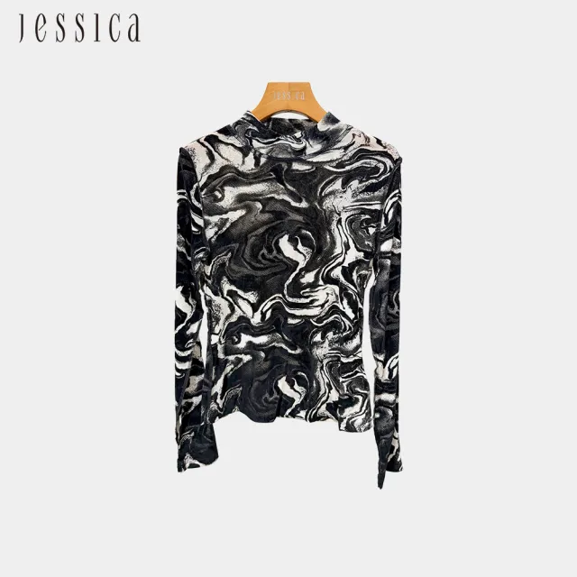 【JESSICA】時尚滿版大理石紋半領長袖上衣J42603