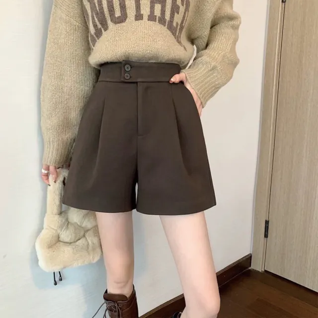 【TONYU 童嶼】女裝秋冬高腰A字短褲 顯瘦修身百搭寬褲腿短褲 毛呢舒適短褲
