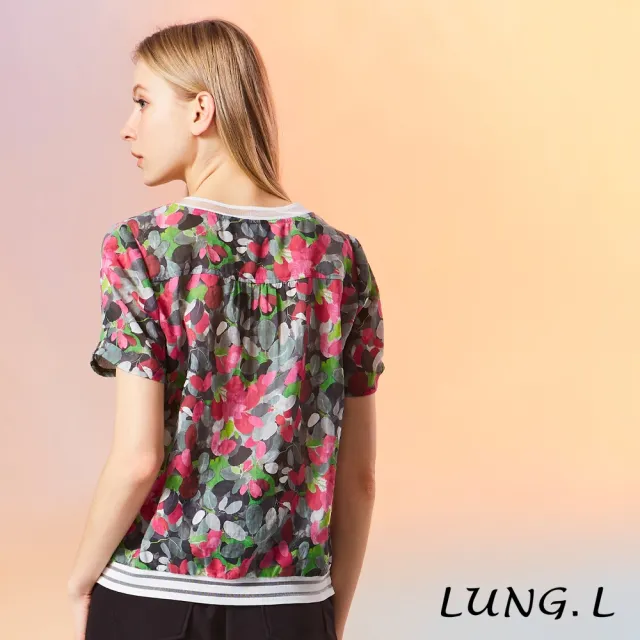 【LUNG.L 林佳樺】LW29A 黑底彩色花卉拼接圓領短袖女裝上衣（加大尺碼）