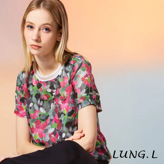 【LUNG.L 林佳樺】LW29A 黑底彩色花卉拼接圓領短袖女裝上衣(加大尺碼)