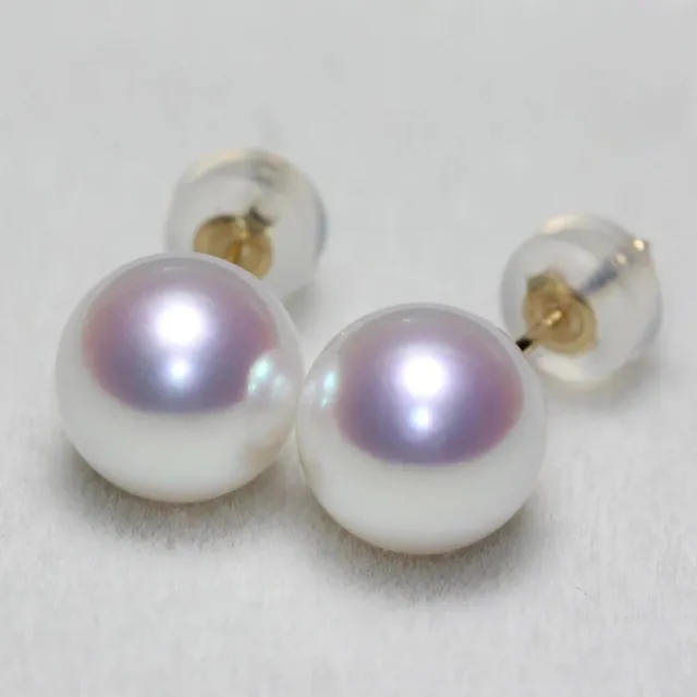 海斯珠寶 7.5-8mm 天然極光 Akoya 珍珠耳環 18K金素釘 正圓珍珠 日系經典款 防過敏耳釘 送禮推薦