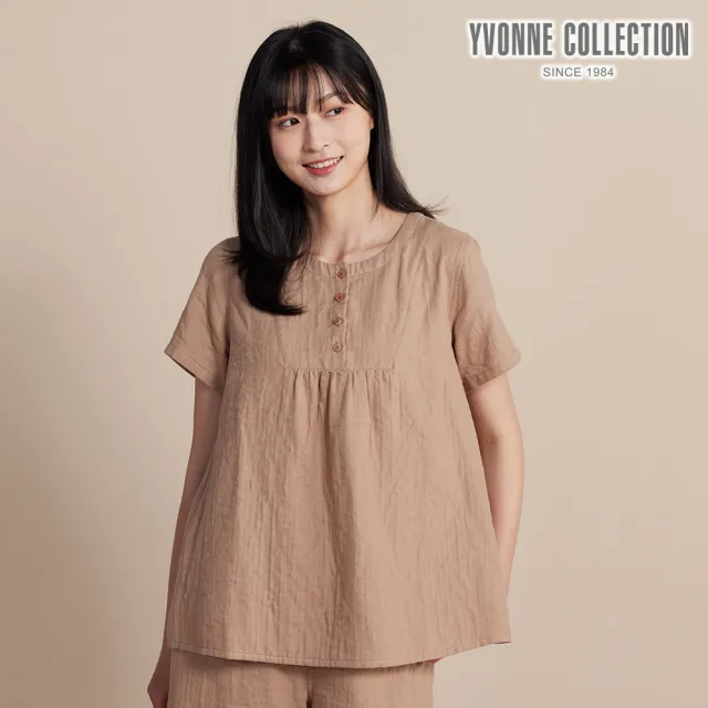 【YVONNE 以旺傢飾】雙層紗半開襟短袖上衣-摩卡棕