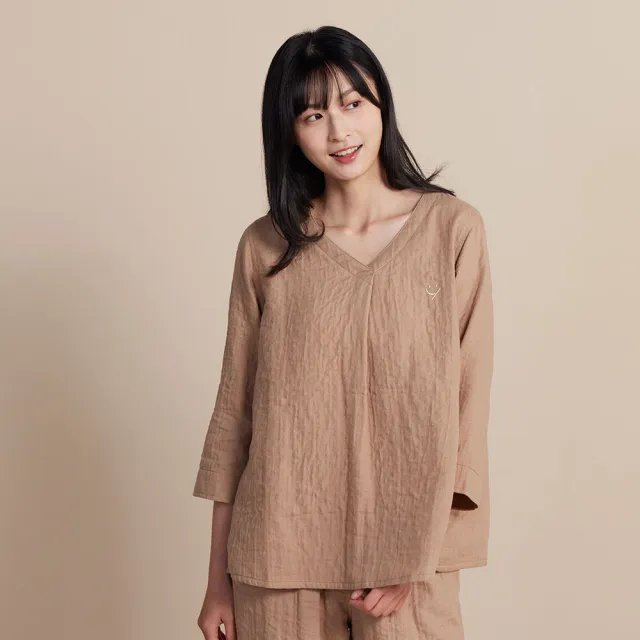 【YVONNE 以旺傢飾】雙層紗繡花七分袖上衣-摩卡棕