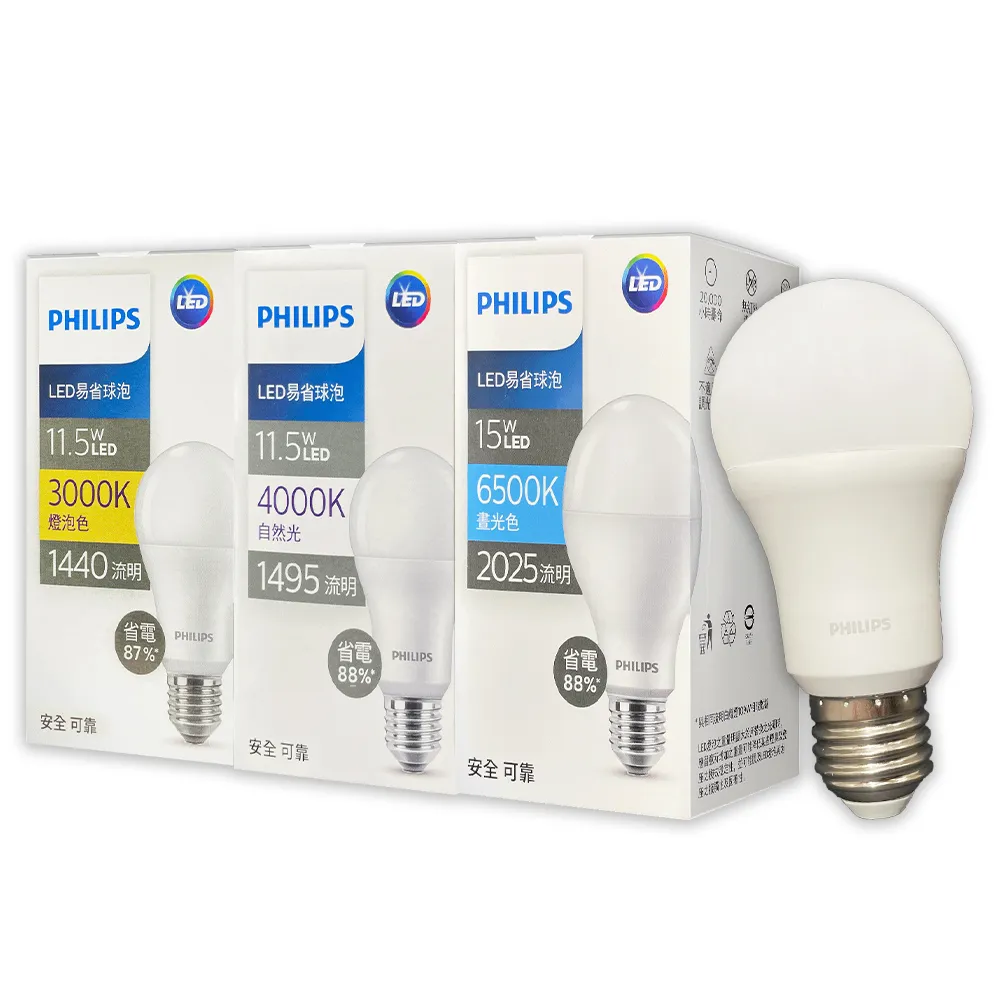 【Philips 飛利浦】2入組 免運費 2025最新款 易省 LED 燈泡 11.5W E27 球泡燈 全電壓(黃光/自然光/白光)