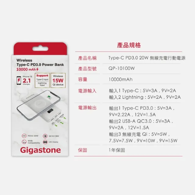 【Gigastone 立達國際】QP-10100W 10000mAh 3合1 PD/QC3.0 15W無線快充行動電源(37Wh/20W支援iPhone17)
