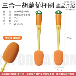 【愛Phone】三合一胡蘿蔔杯刷｜替換刷頭｜三合一長柄杯刷 海綿杯刷 長柄杯刷 長柄刷 清潔刷 杯刷 刷子