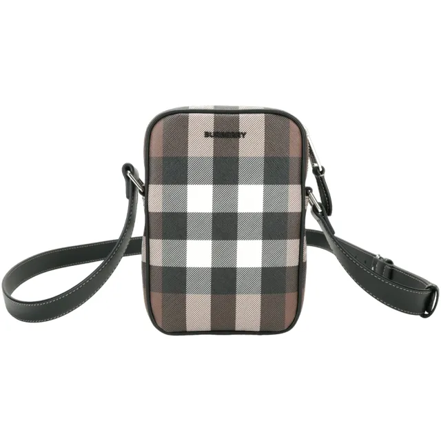 【BURBERRY 巴寶莉】PADDY 格紋塗層帆布拼牛皮迷你斜背包(深樺木棕)