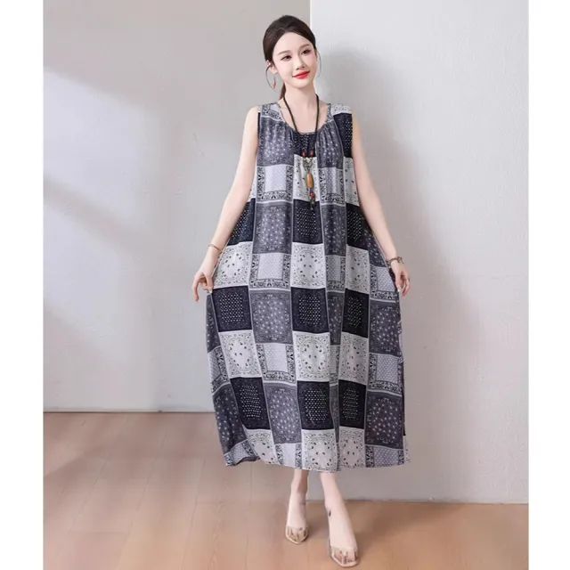 【巴黎精品】多款KC精品 連身洋裝印花連身裙長裙無袖A字裙子寬鬆顯瘦連衣裙大尺碼女裝(過膝吊帶k2bc35 A)